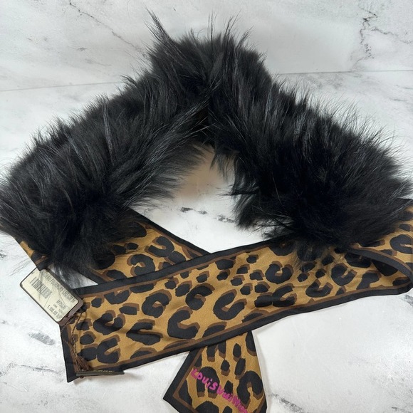 LOUIS VUITTON Fur Scarf Leopard Silk Black Fox Stole Bandeau vintage LV w/tag - Picture 4 of 11